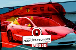 Red Tesla electric vehicle at manufacturing facility with Today in Manufacturing podcast overlay