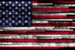US flag with digital binary code overlay, representing cyber technology and national digital landscape