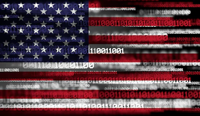 US flag with digital binary code overlay, representing cyber technology and national digital landscape