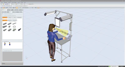 3D ergonomic workspace simulation with human figure at adjustable workstation