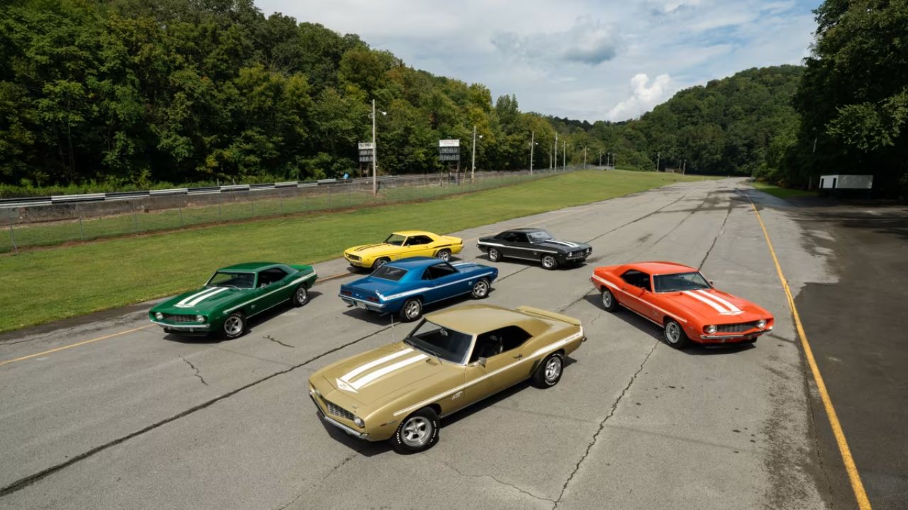 Six vintage muscle cars parked on an asphalt road with green forest background