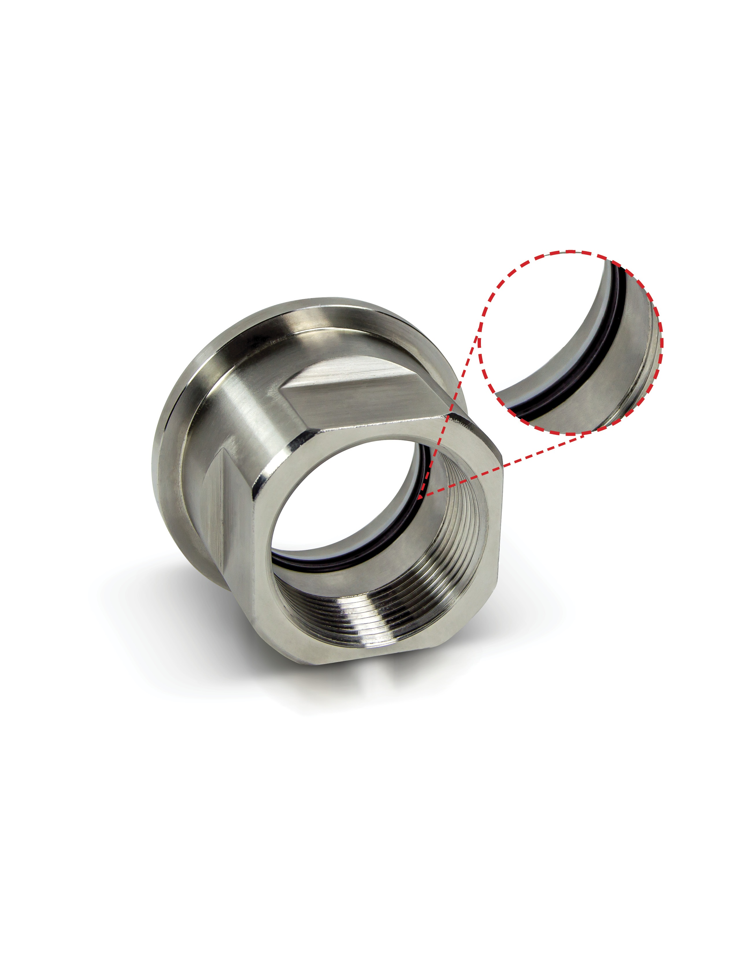 Stainless steel mechanical coupling with threaded surfaces and black O-ring seals