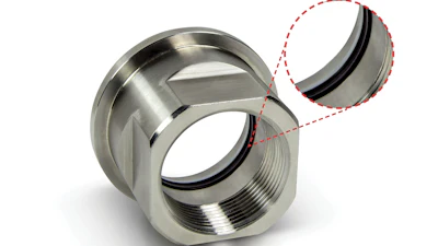 Stainless steel mechanical coupling with threaded surfaces and black O-ring seals
