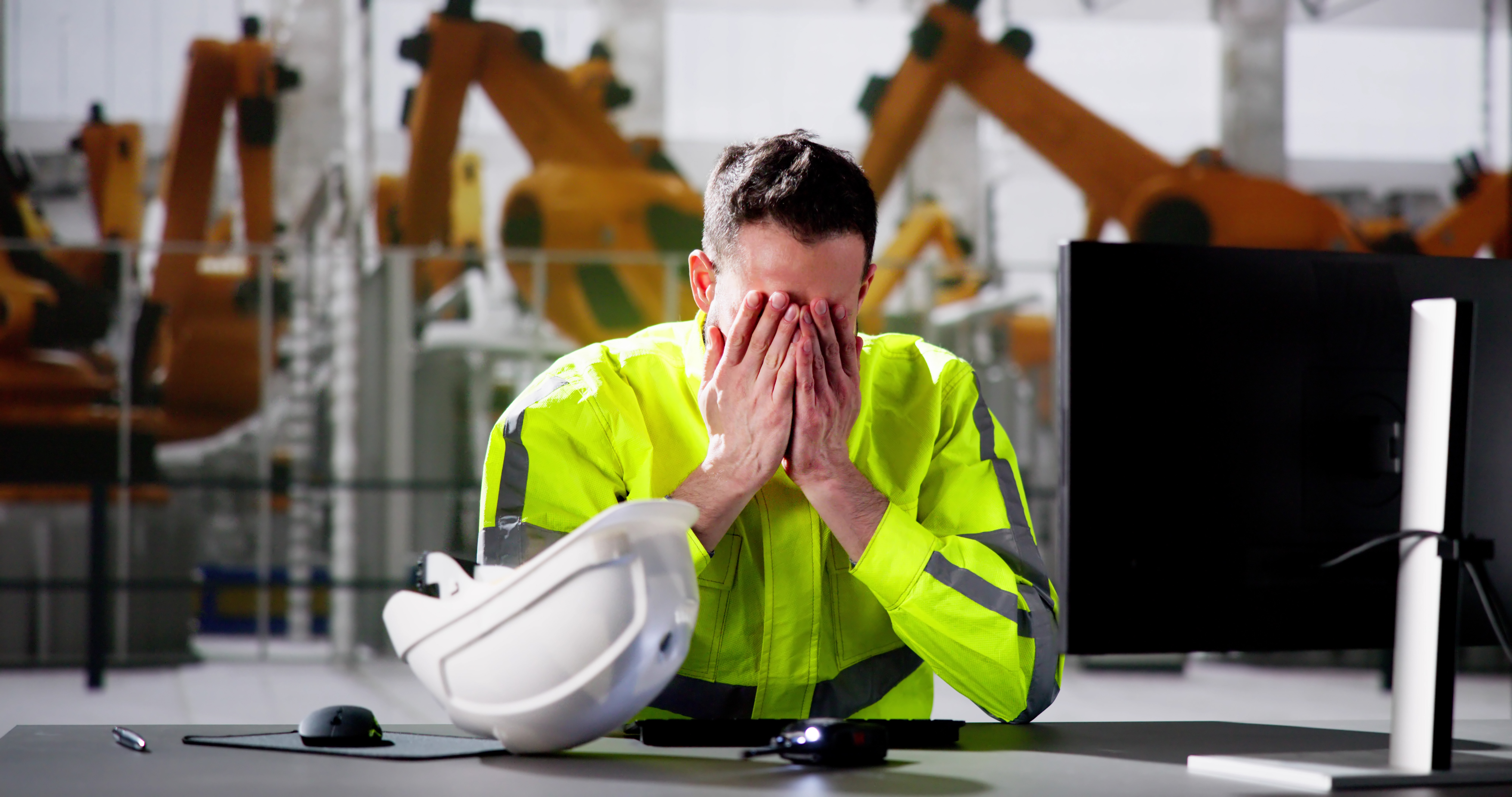Exhausted industrial worker in safety vest covering face near hard hat