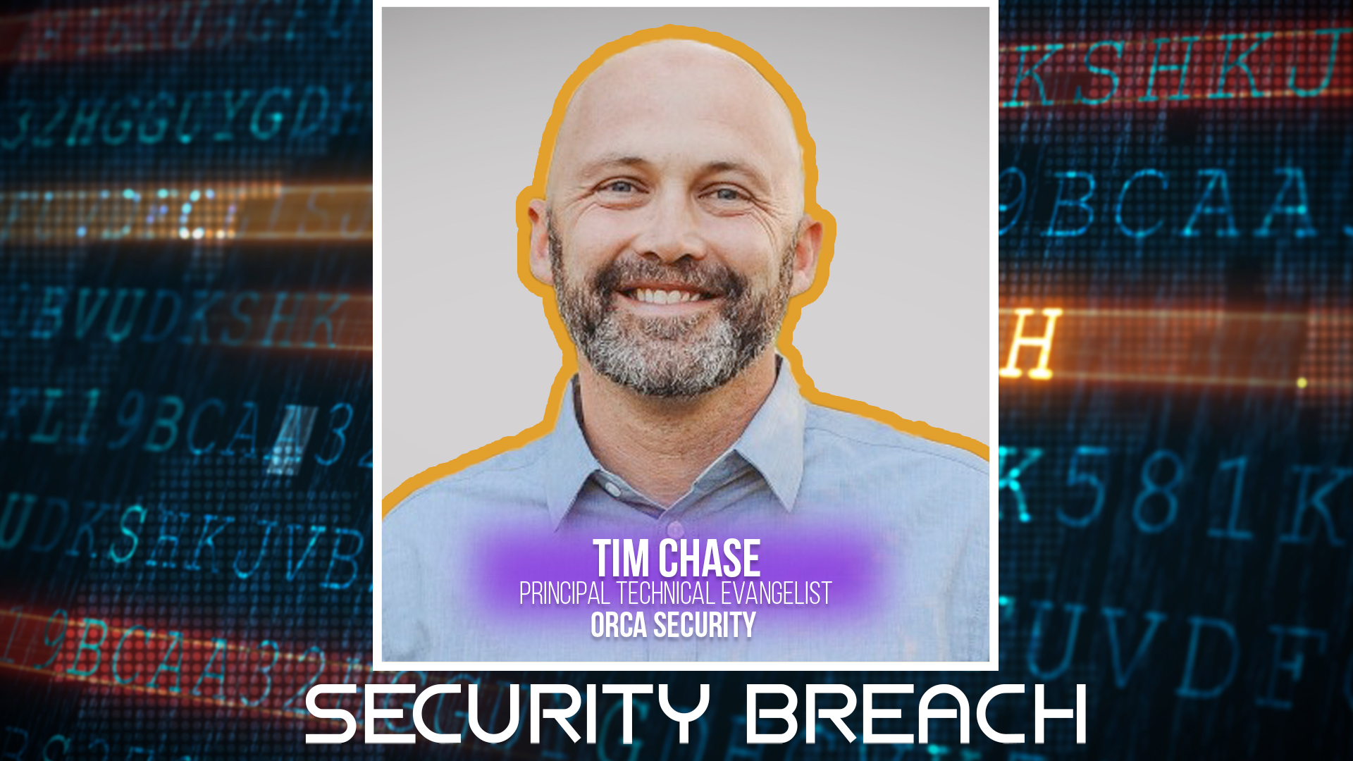 Smiling professional in blue shirt with digital security background