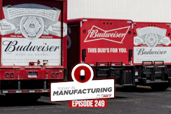 Budweiser delivery trucks in parking lot with manufacturing podcast logo