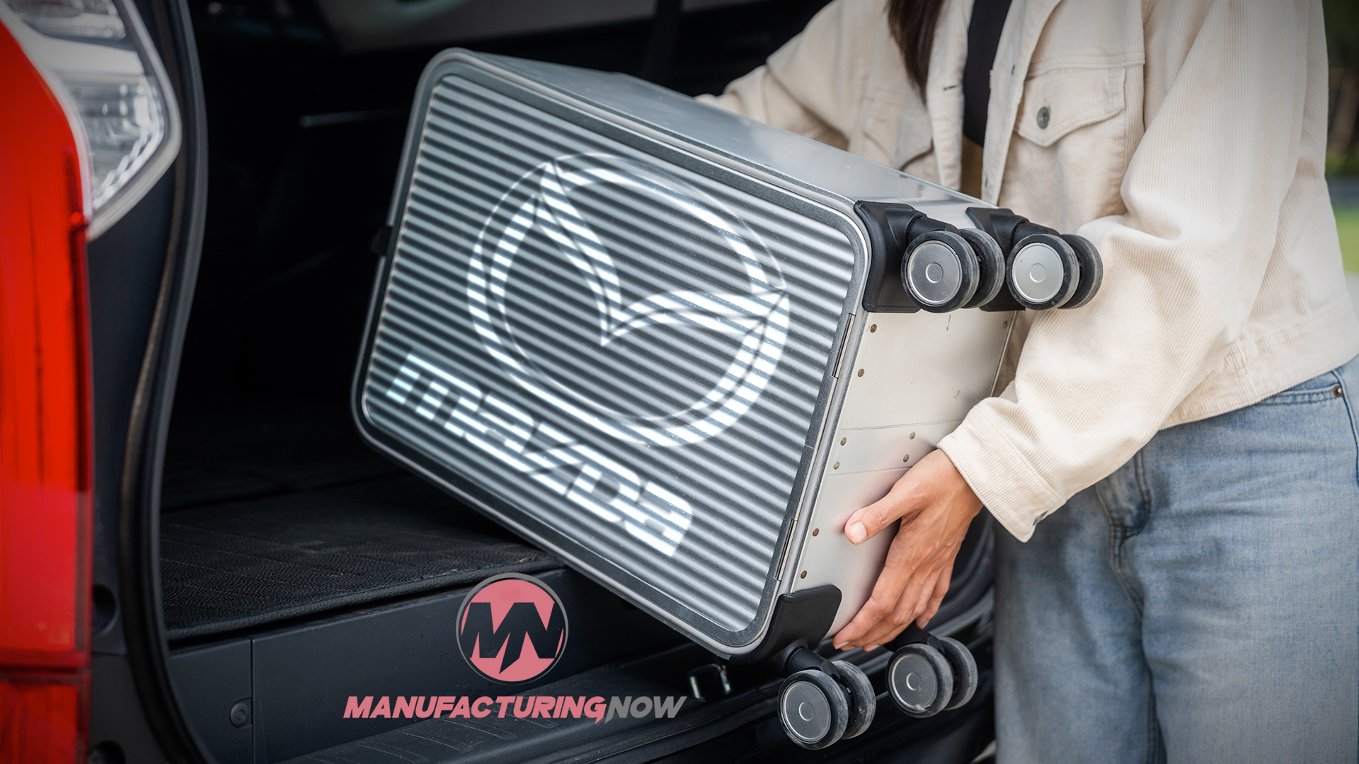 Industrial device with Manufacturing Now logo being placed in vehicle trunk
