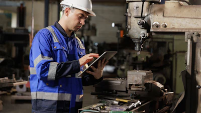 Factory worker in blue safety gear checks tablet near industrial drilling machine