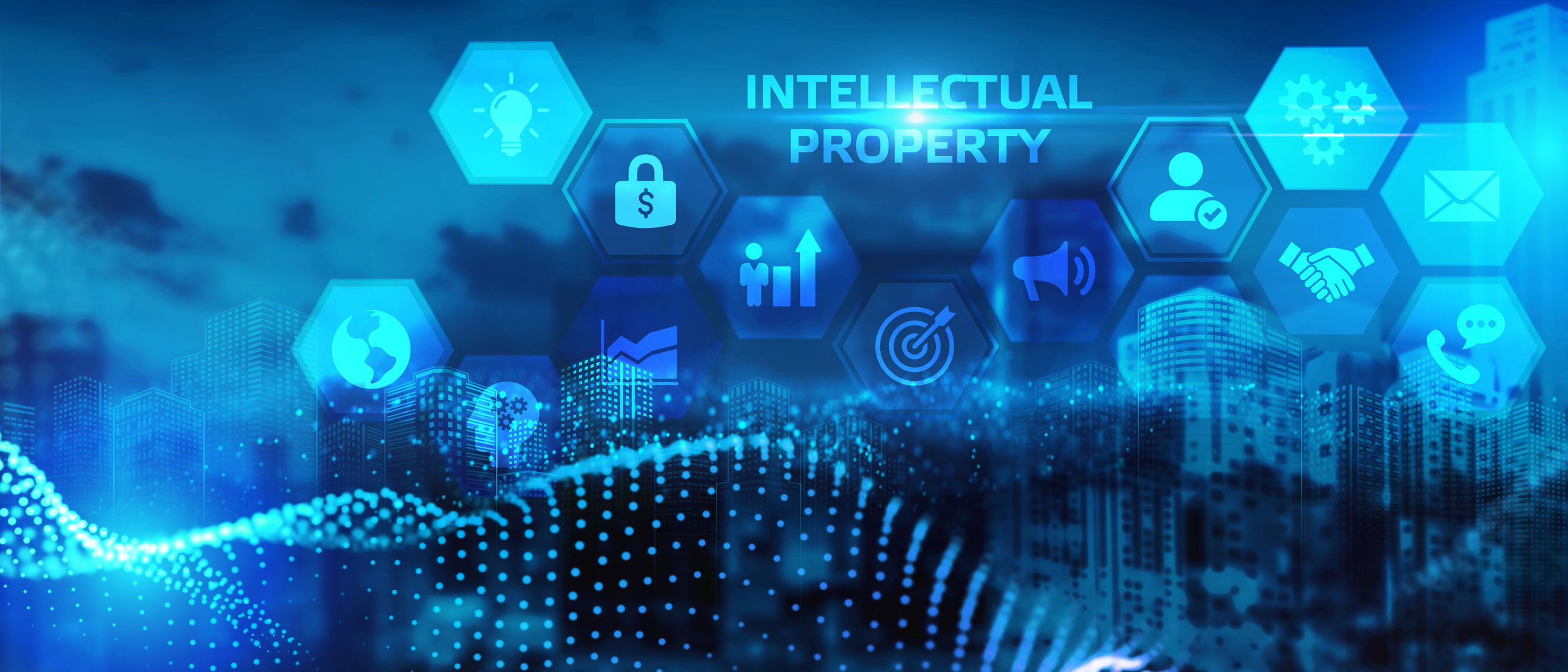 Digital blue background with hexagonal icons representing intellectual property concepts