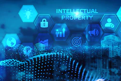 Digital blue background with hexagonal icons representing intellectual property concepts