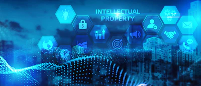 Digital blue background with hexagonal icons representing intellectual property concepts