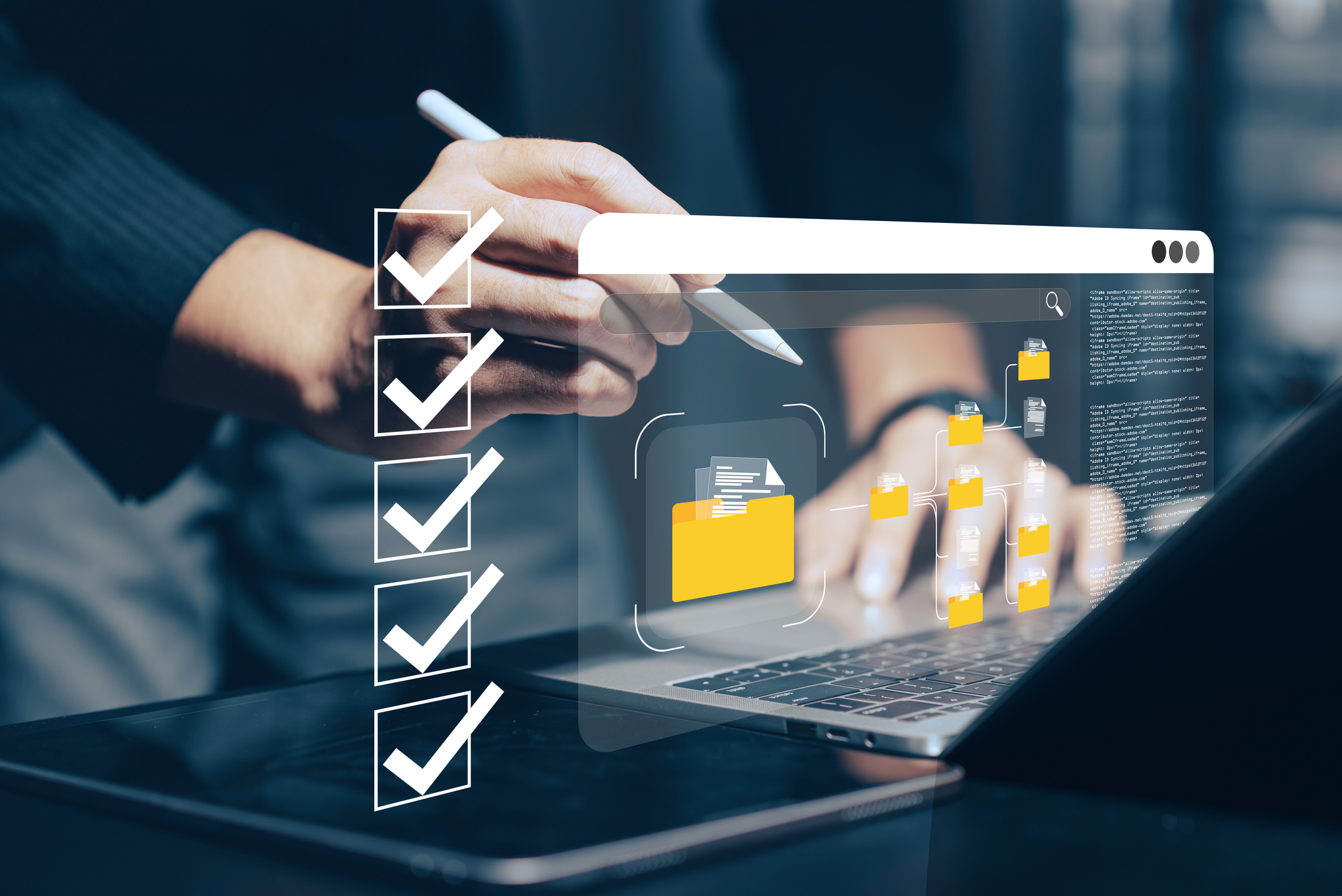 Digital workflow visualization with checklist and file folders on laptop screen