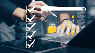 Digital workflow visualization with checklist and file folders on laptop screen