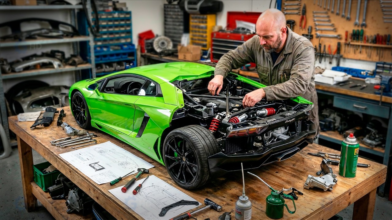 Bright green sports car with open engine compartment on wooden workshop bench