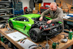 Bright green sports car with open engine compartment on wooden workshop bench