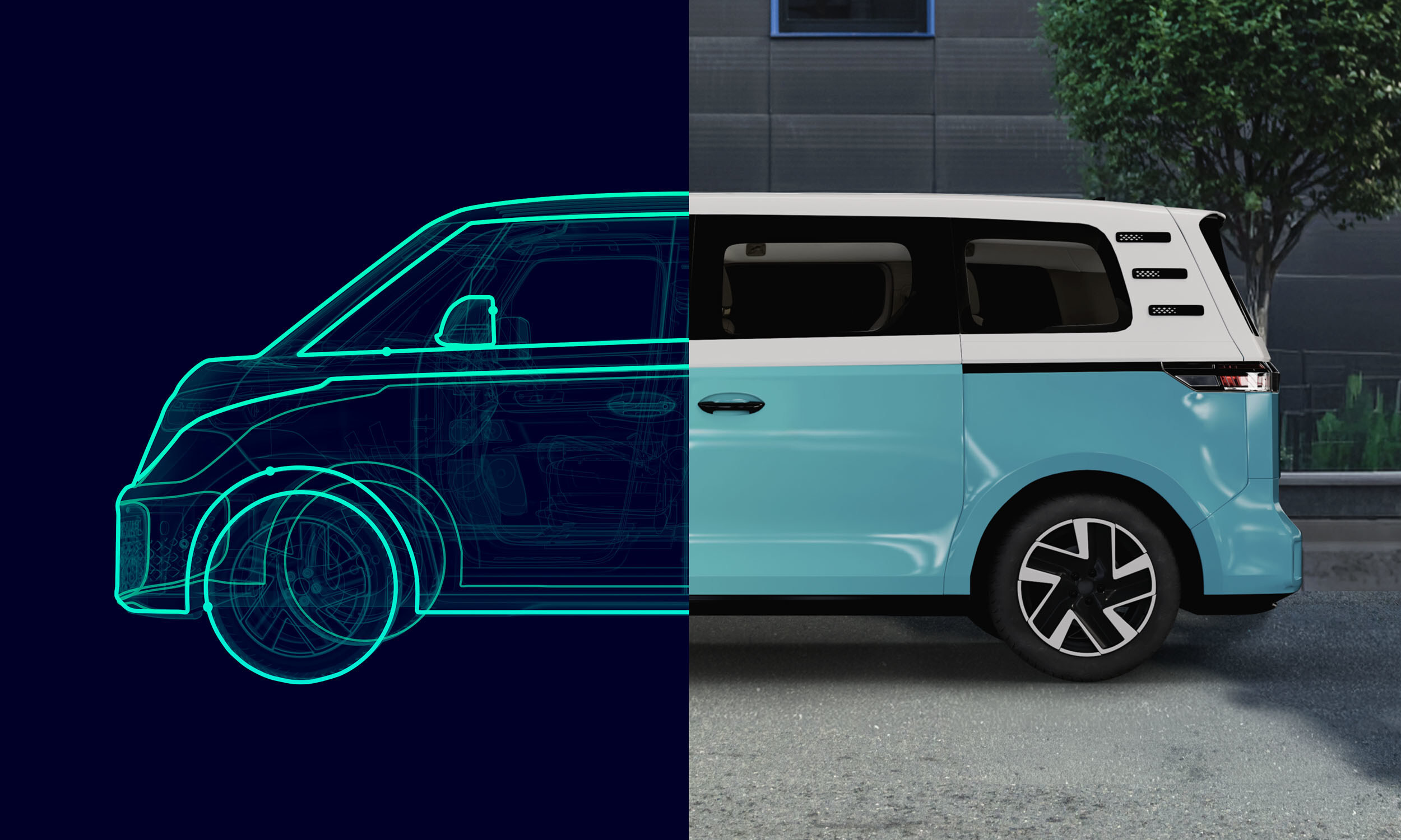 Split-screen vehicle design showing digital wireframe and light blue modern van