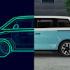 Split-screen vehicle design showing digital wireframe and light blue modern van