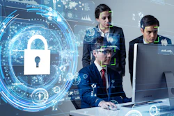 Cybersecurity professionals analyzing digital network with holographic lock interface