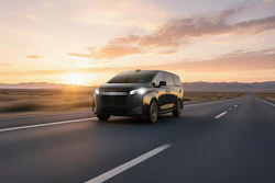 Black SUV driving on desert highway at sunset with mountains in background
