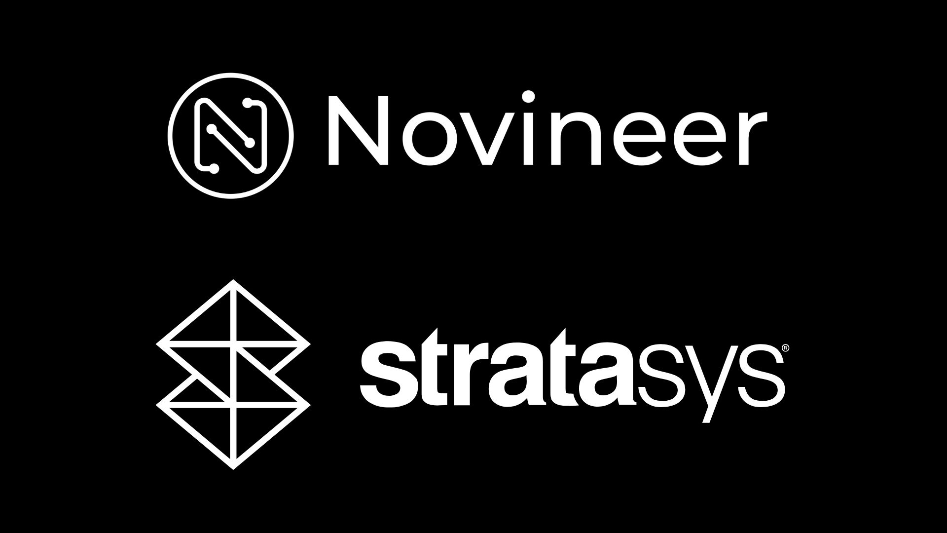 Novineer and Stratasys corporate logos in black and white geometric design