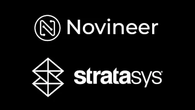 Novineer and Stratasys corporate logos in black and white geometric design