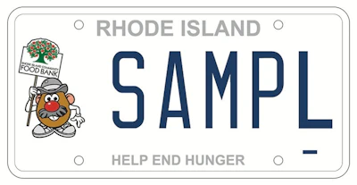 Rhode Island Food Bank license plate with cartoon mascot promoting hunger relief