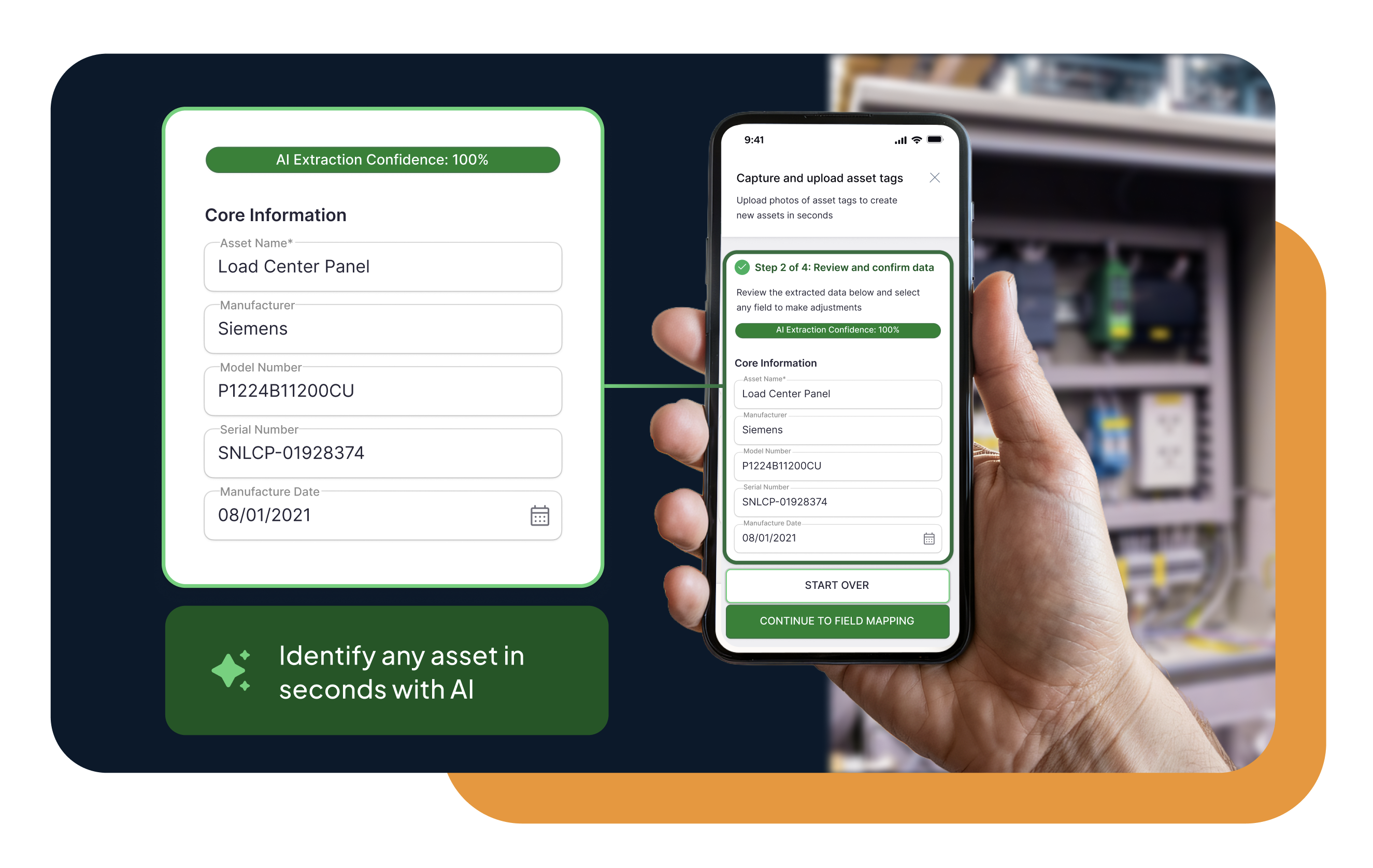 AI asset identification mobile app interface with industrial equipment screen