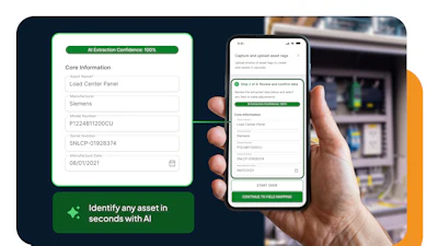 AI asset identification mobile app interface with industrial equipment screen