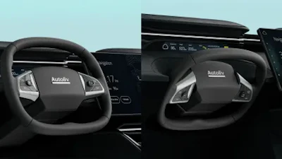 Car dashboard with digital steering wheel and Autoliv interface display