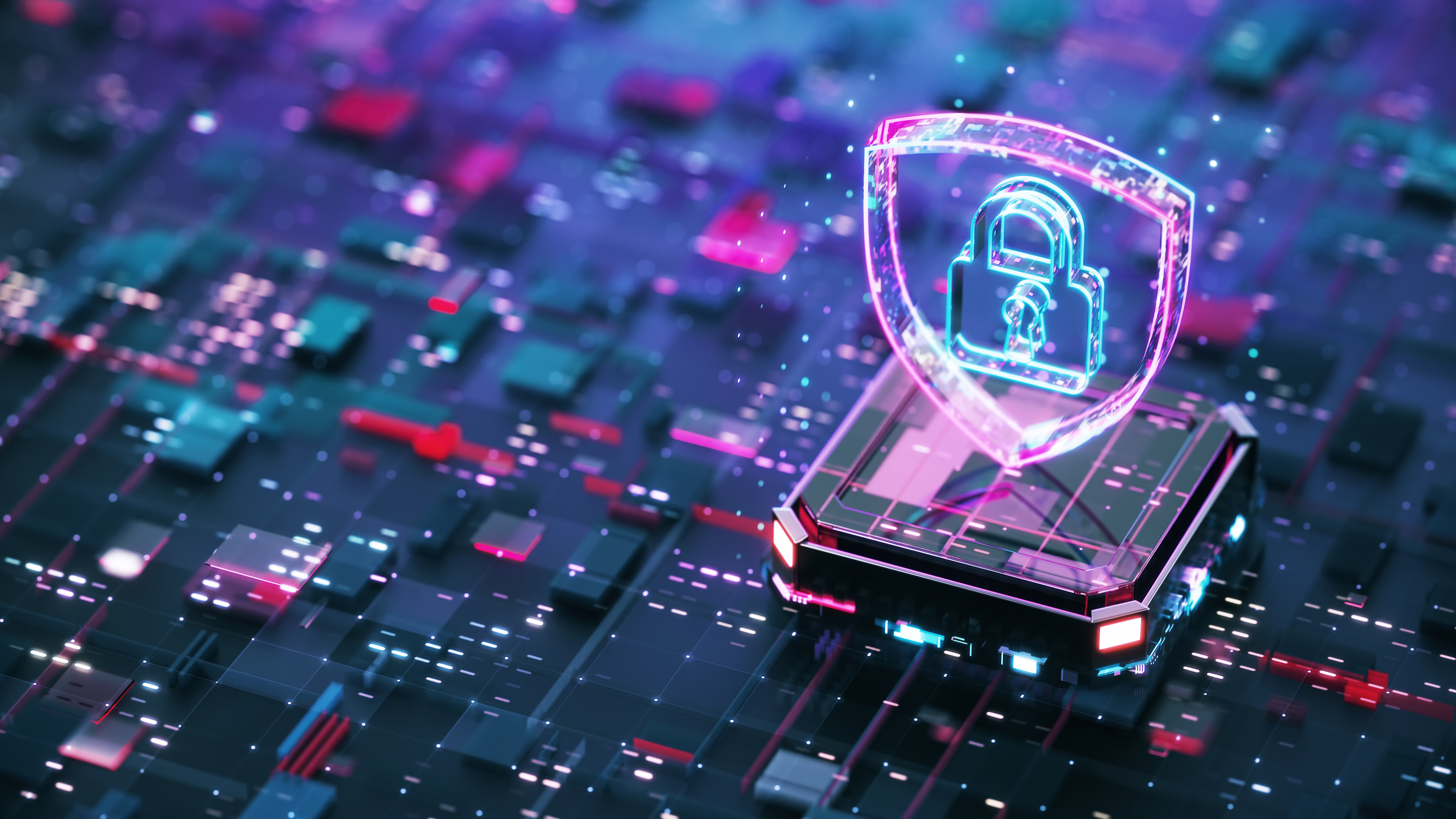 Holographic cybersecurity shield lock icon on digital circuit background