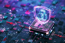 Holographic cybersecurity shield lock icon on digital circuit background
