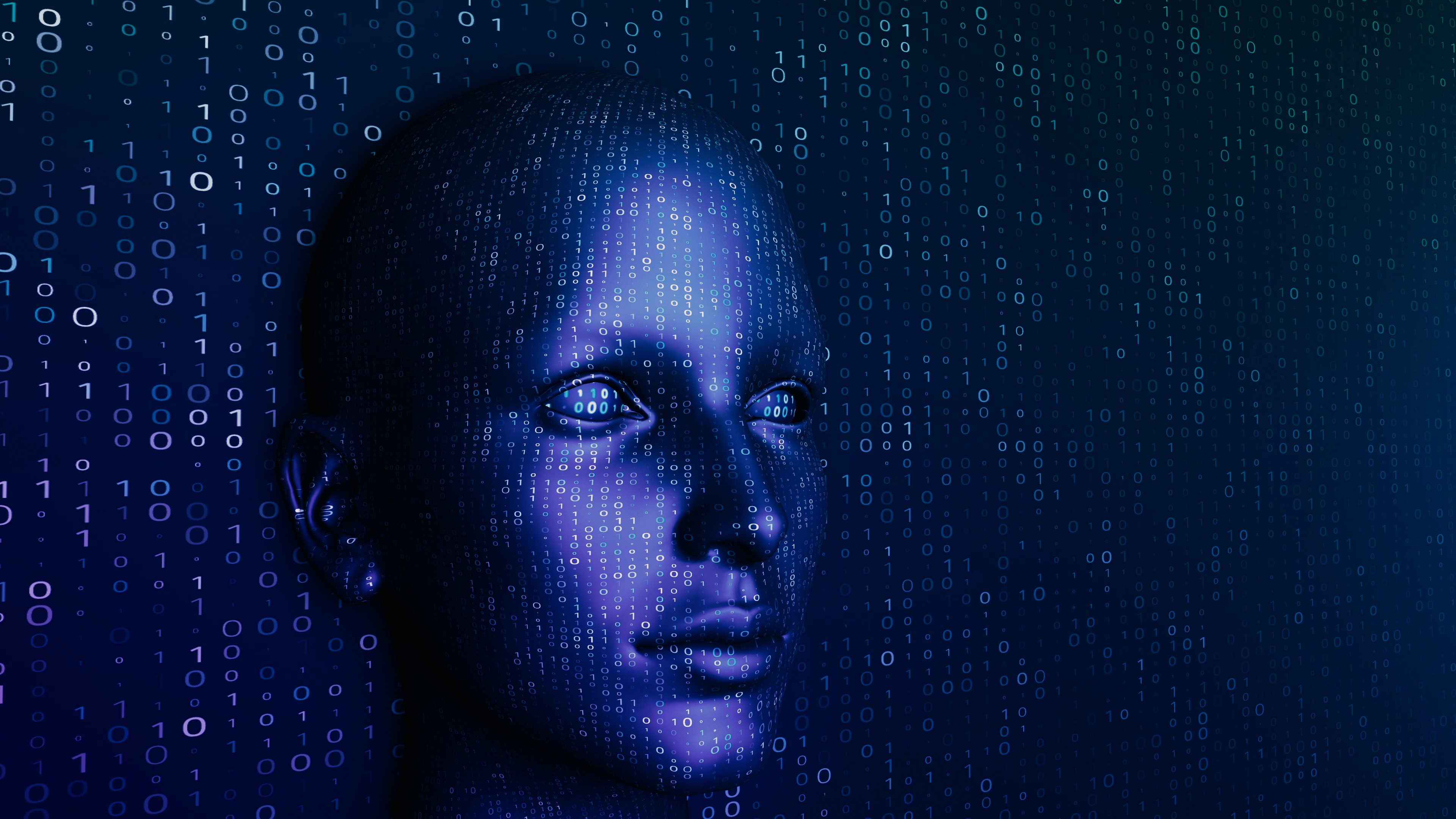 Digital human face silhouette overlaid with binary code in blue tones