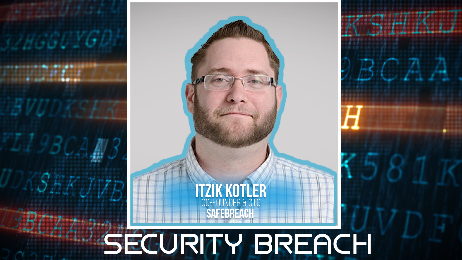 Tech professional with glasses in plaid shirt against digital security background