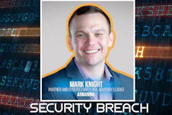 Mark Knight, cybersecurity professional, smiling in blue suit against digital background