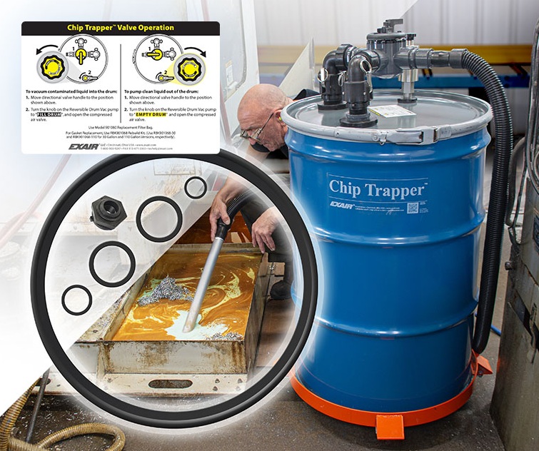 Industrial blue Chip Trapper vacuum collecting metal chips from machining surface