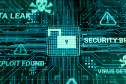 Digital circuit board showing cybersecurity threats like data leak and virus detection