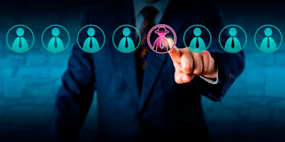 Business professional selecting unique team member from digital employee icons