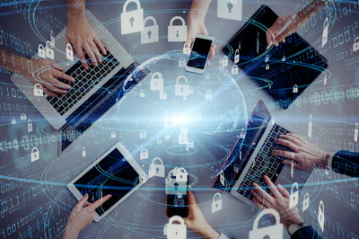 Digital cybersecurity network with hands on devices, global connection, and lock icons
