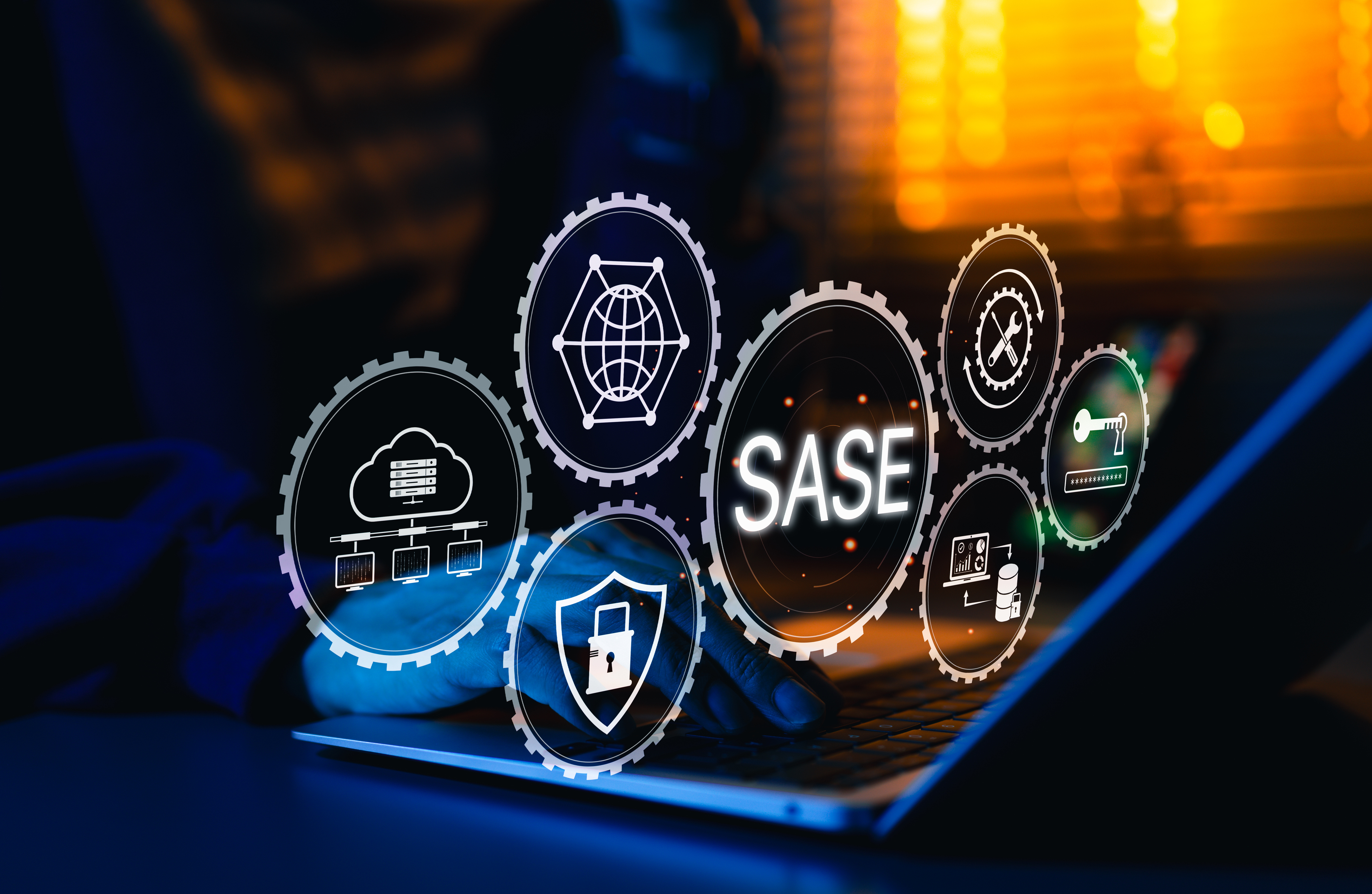 Digital visualization of SASE cybersecurity framework with interconnected technology icons