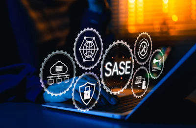 Digital visualization of SASE cybersecurity framework with interconnected technology icons