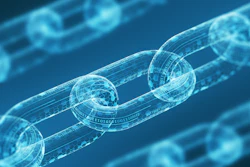 Digital blockchain network chain links in translucent blue wireframe