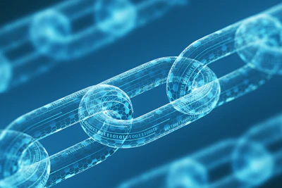 Digital blockchain network chain links in translucent blue wireframe