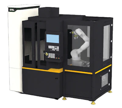 Industrial robotic machine with white and black control panel and robotic arm
