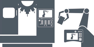 Industrial control panel with robotic arm and monitoring screens
