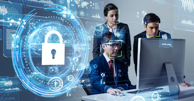 Cybersecurity professionals analyzing digital network with holographic lock interface
