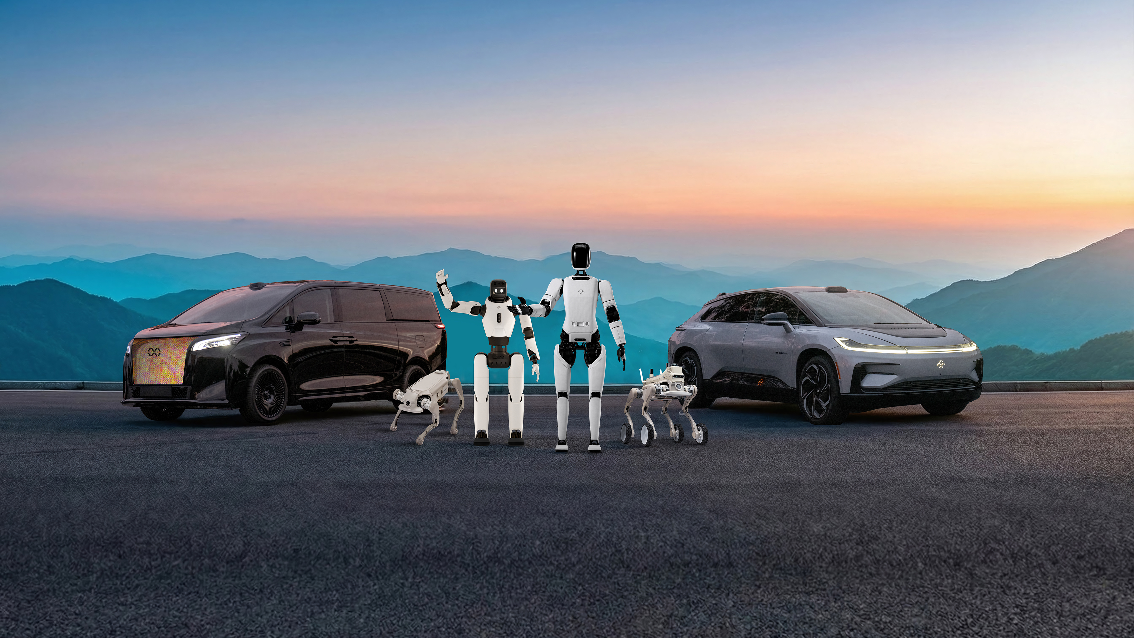 Futuristic electric vehicles and humanoid robots at sunset with mountain backdrop