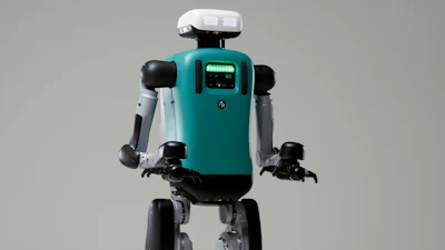 Teal and silver humanoid robot standing upright with articulated limbs