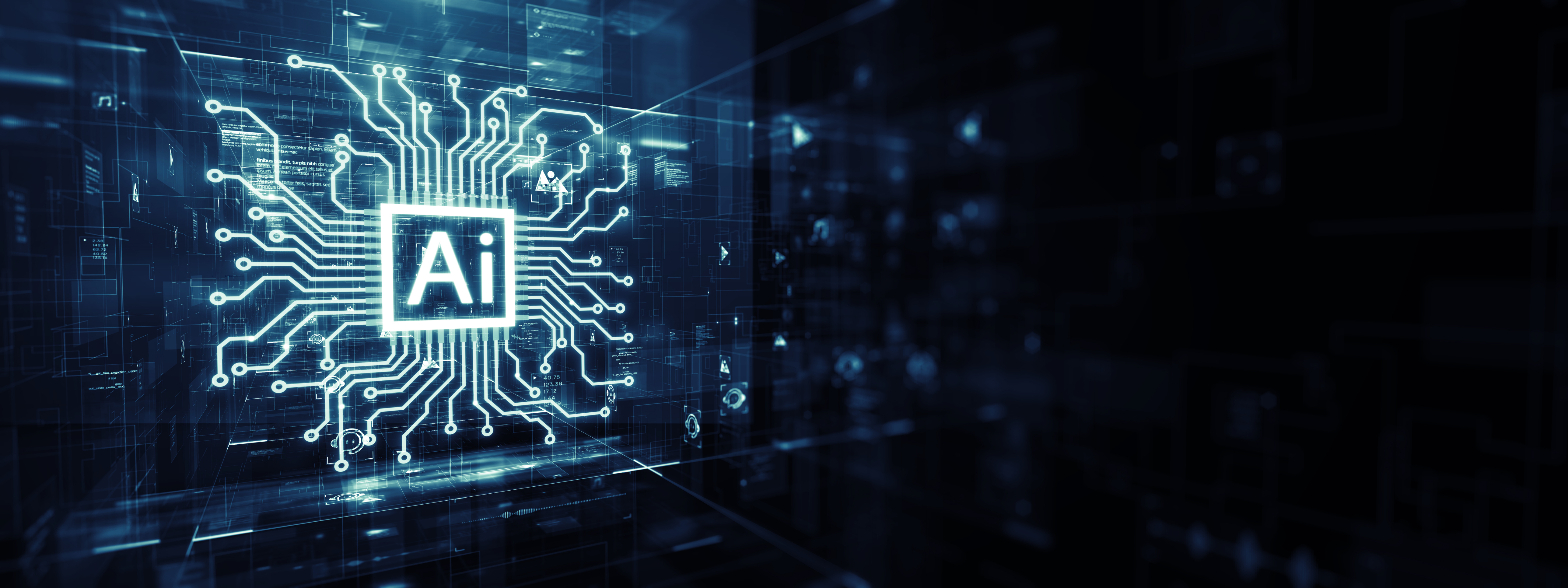 AI technology digital circuit logo with glowing blue network connections