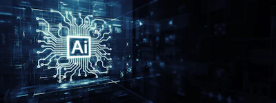 AI technology digital circuit logo with glowing blue network connections