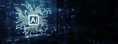 AI technology digital circuit logo with glowing blue network connections